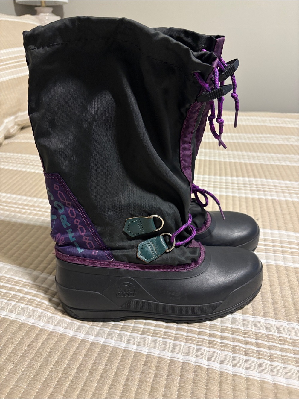 Sorel Black and Purple Waterproof Winter Boots with Drawstring
